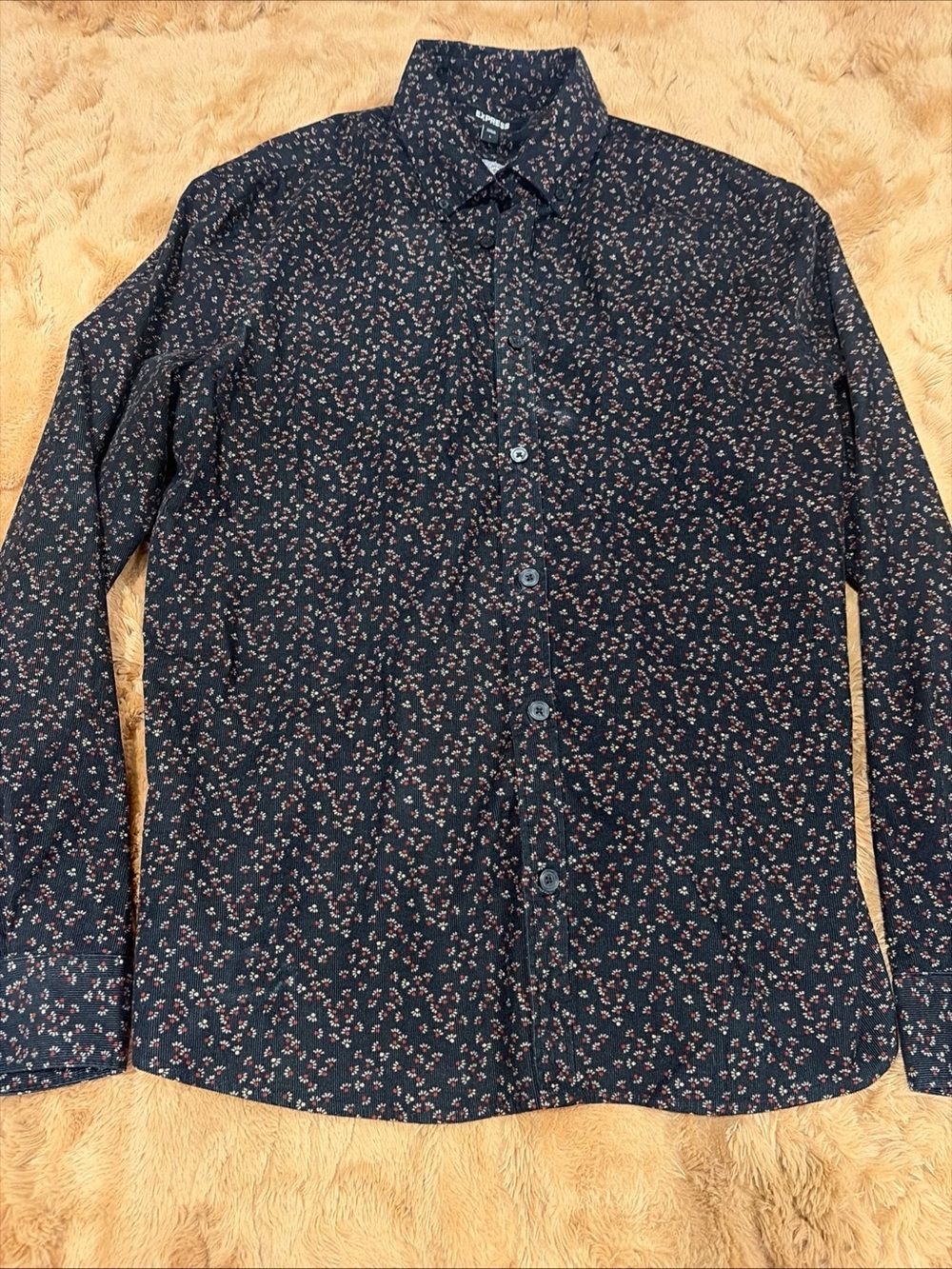Express Men's Black Floral Corduroy Long Sleeve Button-Up Shirt Fall Large